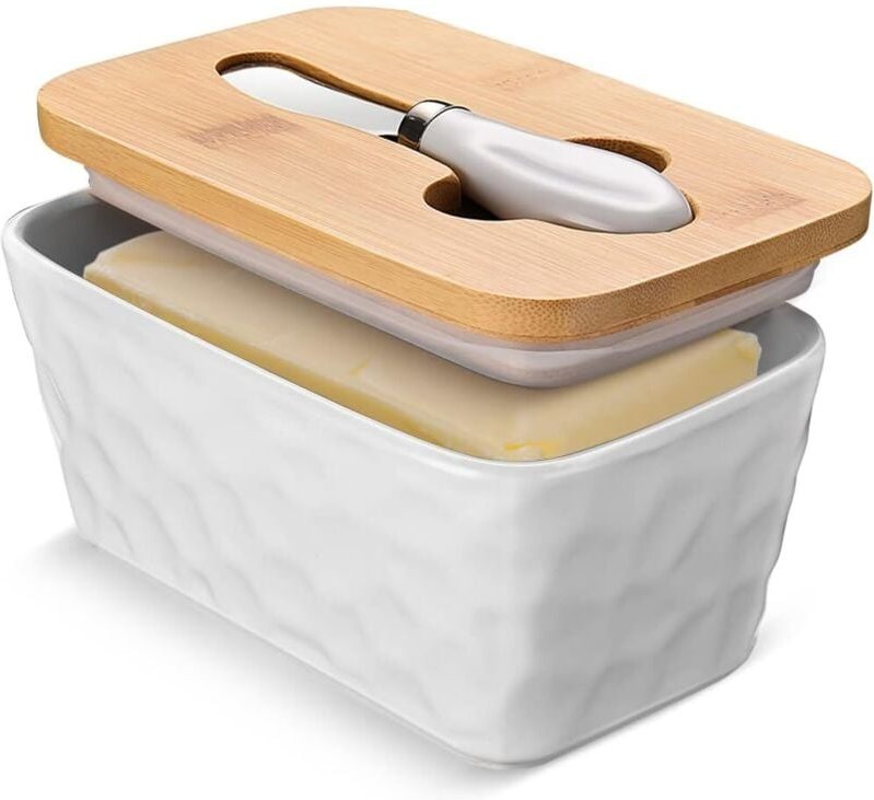 Butterdose mit Deckel, große Butterdose für die Arbeitsplatte, Butterdose aus Keramik mit Messer, doppelter Silikondicht...