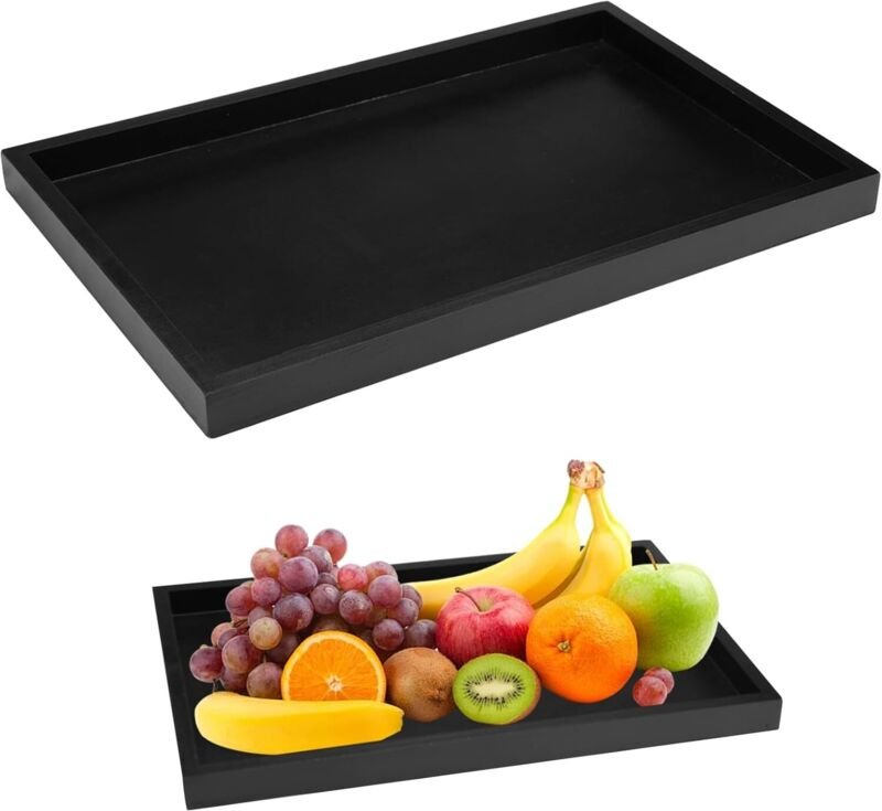 Rechteckiges, antibakterielles Holztablett – 32 x 20 x 2 cm – für Tee, Obst oder Getränke – schwarz – vielseitig verwend...