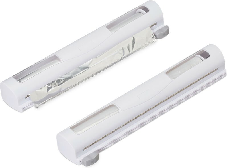 Relaxdays Folienschneider, 2er Set, für Frischhalte- und Alufolie, Sichtfenster, glattes Abtrennen, HBT 5x37x8 cm, weiß