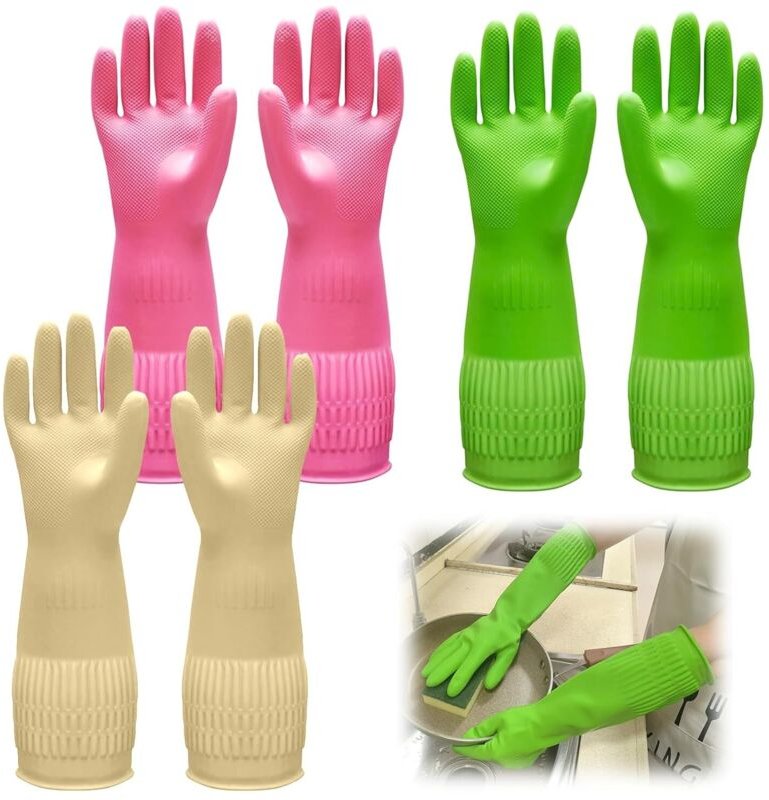 Set mit 3 Paar 38 cm langen Haushaltshandschuhen aus Naturlatex. Rutschfest, wiederverwendbar und wasserdicht – ideal zu...