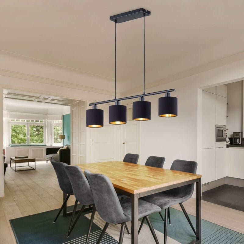 RL - Pendelleuchte Stoffschirm Hängelampe Wohnzimme ampe Esstischleuchte 4-Flammig, Textil schwarz-gold, E14, LxBxH 75x1...