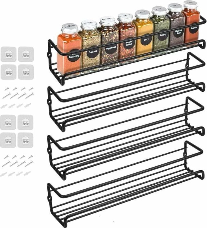 ZVD - Lot de 4 étagères à épices en métal à fixation murale avec adhésif ou à visser, noir