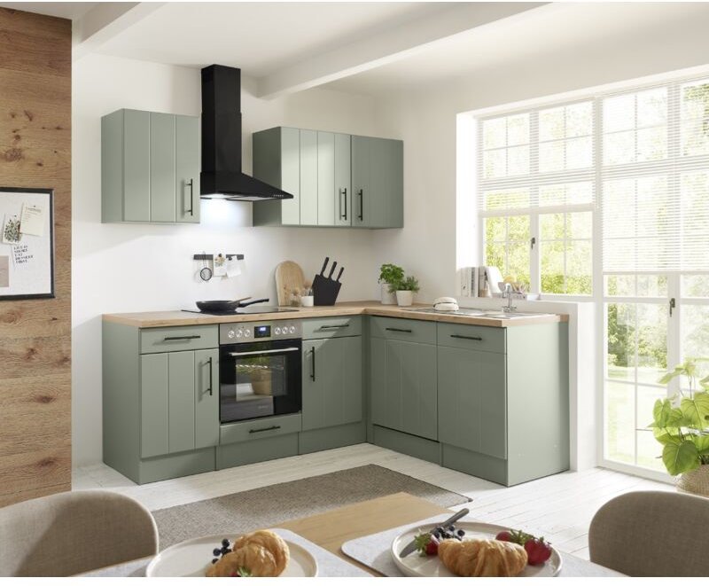 L Küche Einbau Winkelküche Landhaus Grün Anton 220 cm ohne Kühlschrank Respekta