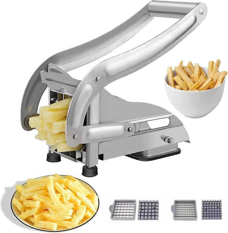 2024 Verbesserter Pommes-Frites-Schneider, Kartoffelschneider aus Edelstahl mit 2 Klingen für Pommes Frites, Gemüse, Kar...