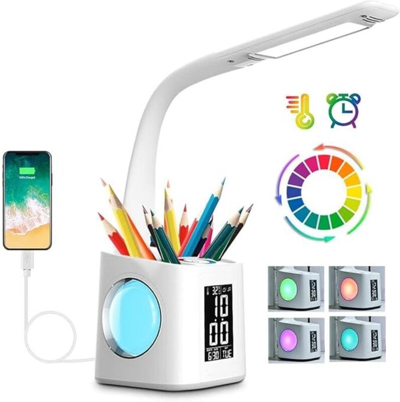Schreibtischlampe Kinder LED,Tischlampe Dimmbar mit Uhr, Nachttischlampe Tischleuchte mit 256 RGB Nachtlicht/Stifthalter...