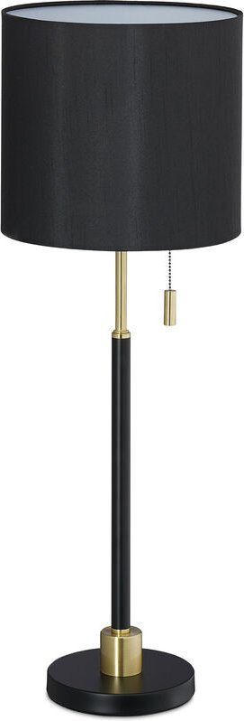 Relaxdays Tischlampe mit Zugschalter, elegante Nachttischlampe mit Stoffschirm, E27 Fassung, HD 69 x 24 cm, schwarz-gold