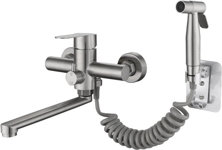 Küchenarmatur zur Wandmontage für Spüle, Küchenarmatur mit Spritzpistole und 2 Arten von Wasserstrahlen, 360° drehbar, g...