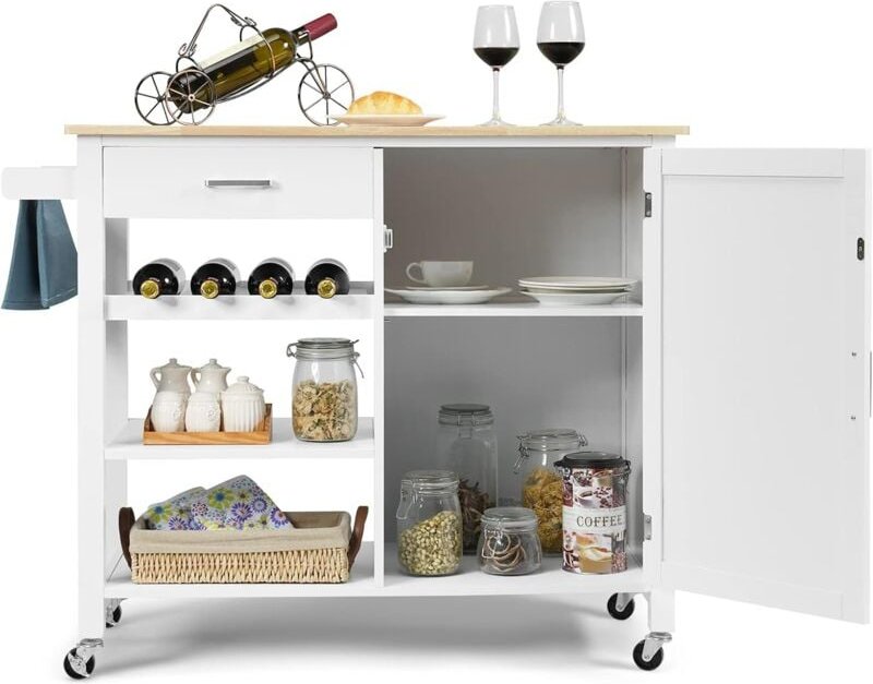 Rollender Küchenwagen, Mobile Kücheninsel mit Schublade, Weinregal, offene Regale, Handtuchhalter, platzsparender Servie...