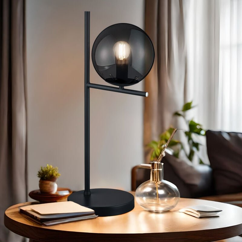Etc-shop - Tischlampe rauch Nachttisch Lampe Tischleuchte Glaskugel rauchig, Schlafzimmer Metall anthrazit Glas, 1x E14 ...