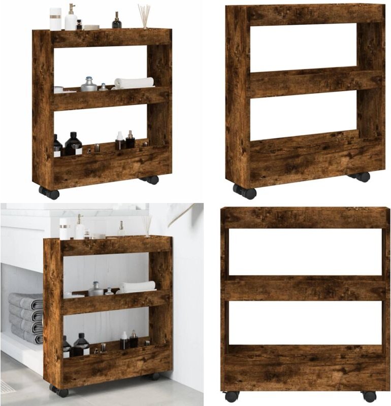 Aufbewahrungswagen Schmal 3 Etagen Räuchereiche Holzwerkstoff - Schrank - Küchenwagen