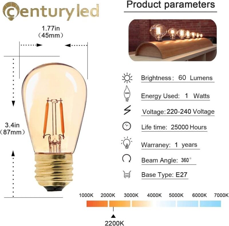 Aougo - led E27 Vintage-Glühbirne, ST45, einfach zu 1 w = 10 w Glühlampen, super warmweiß 2200 k, E27 Nachttischlampe mi...