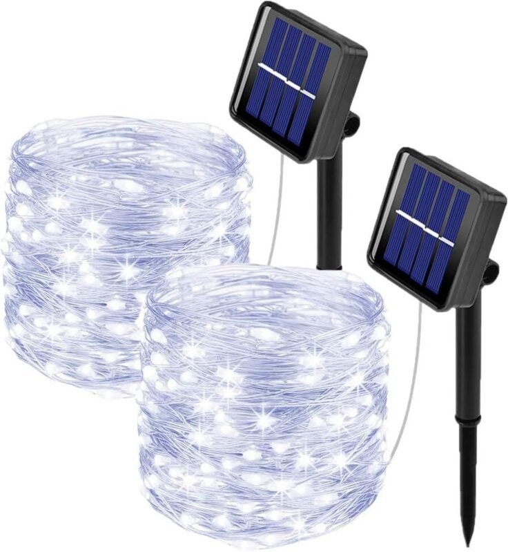 Set mit 2 Solar-Lichterketten für den Außenbereich, 10 m, 100 LEDs, 8 Muster (Weiß)
