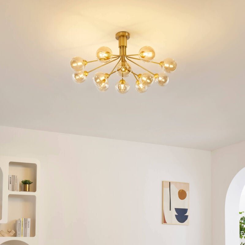 Großer eleganter Messing-Kronleuchter mit 12 bernsteinfarbenen Kugeln - Audrey