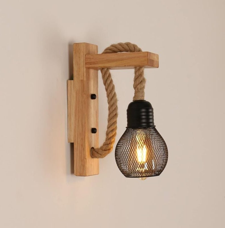 COMELY Rustikale Vintage Retro Wandlampe aus Holz, Wandlampe mit schwarzen Metallkäfig-Schirmen E27, Innenwandleuchte au...