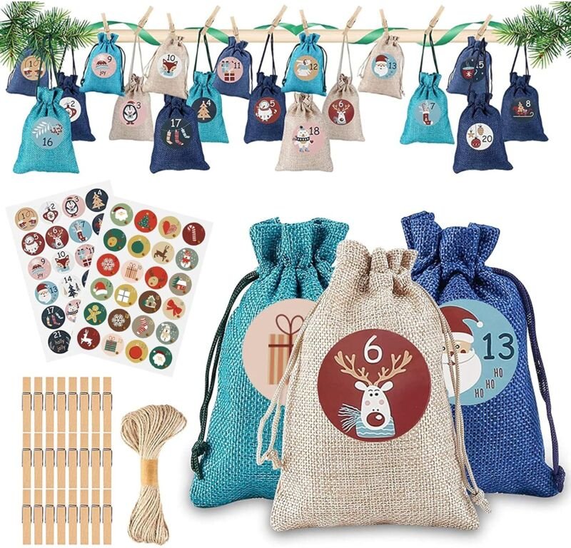 24 Adventskalender zum Befüllen, Stoffbeutel, Weihnachtskalender (24 Stoffbeutel, 48 Adventskalender-Zahlenaufkleber, 24...