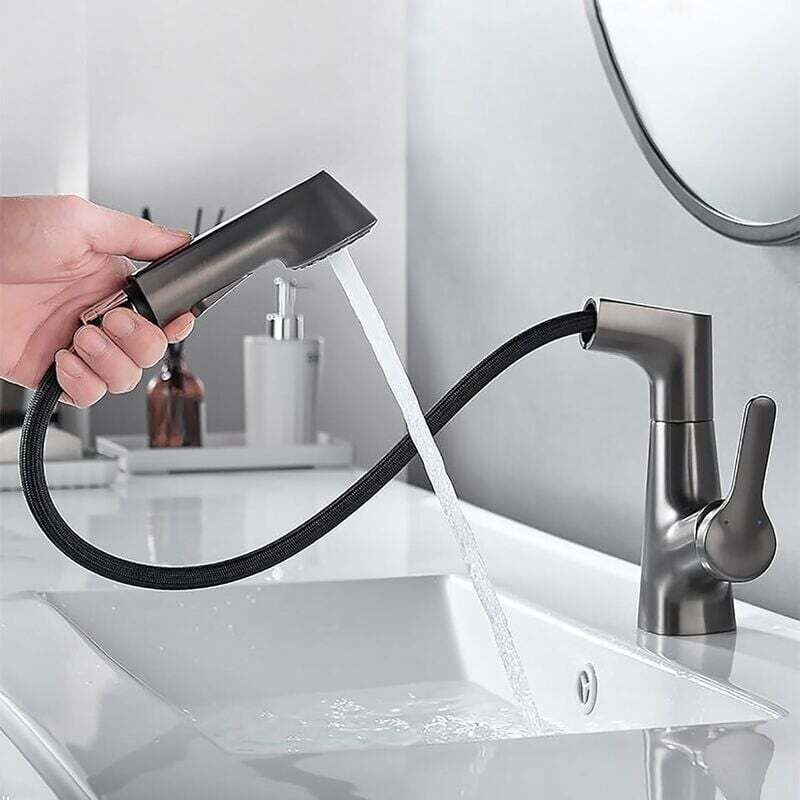 Ikodm Küchenarmatur mit Ausziehbrause, 360° drehbar, Warm- und Kaltwasseranschluss, Schwarz/Grau