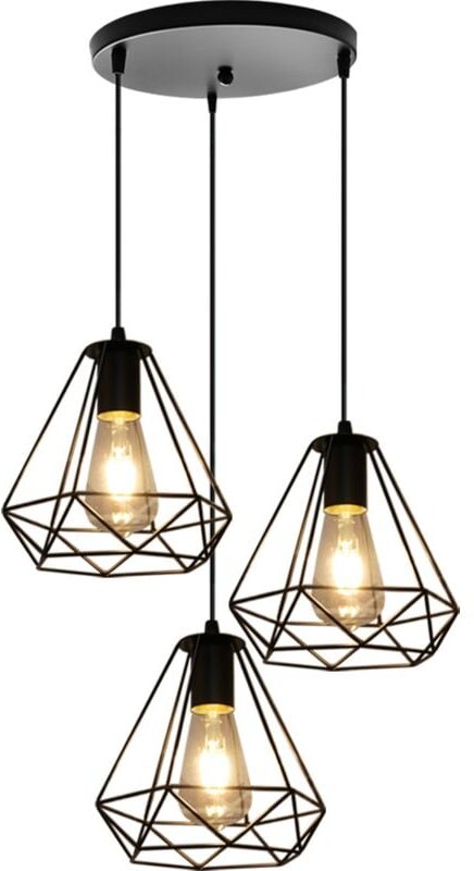 Pendelleuchte Vintage 3 Flammig Hängelampe mit Käfig E27 Art Ø20cm Diamant Lampen für für Wohnzimmer Esszimmer (Schwarz)