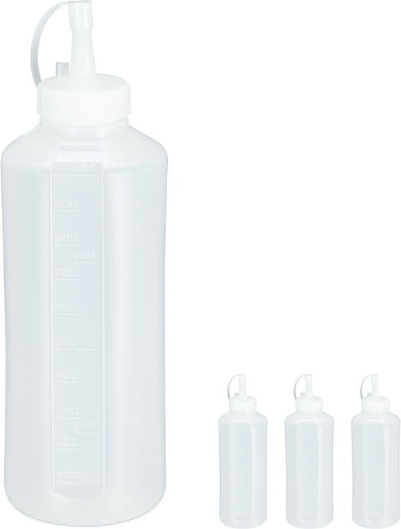Thumbnail - Relaxdays - Quetschflasche, 4er Set, 1000 ml, für Saucen, Spritzflasche zum Befüllen, Squeeze Flasche, Kunststoff, klar