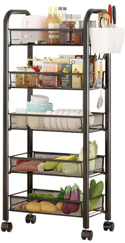 Servierwagen, 5-stöckiger Küchenwagen, Lagerregal mit Rädern, Büro, Badezimmer, 45 x 26 x 105 cm, Schwarz