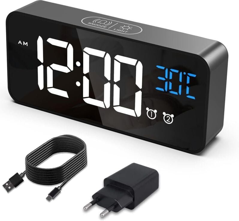 Nachttischwecker mit Temperatur, Digitaluhr mit 2 Alarmen, Schlummerfunktion, 4 Helligkeitsstufen, Sprachsteuerung, USB-...