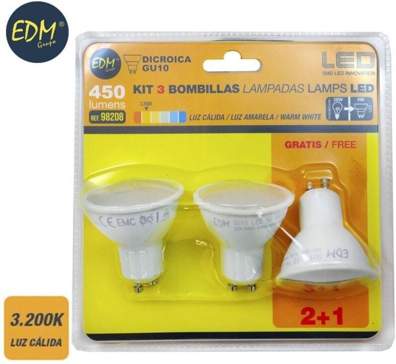 EDM - Kit mit 3 dichroitischen led Glühbirnen GU10 5 w 450 lm 3200 k warmes Licht Ø5 x 5,5 cm