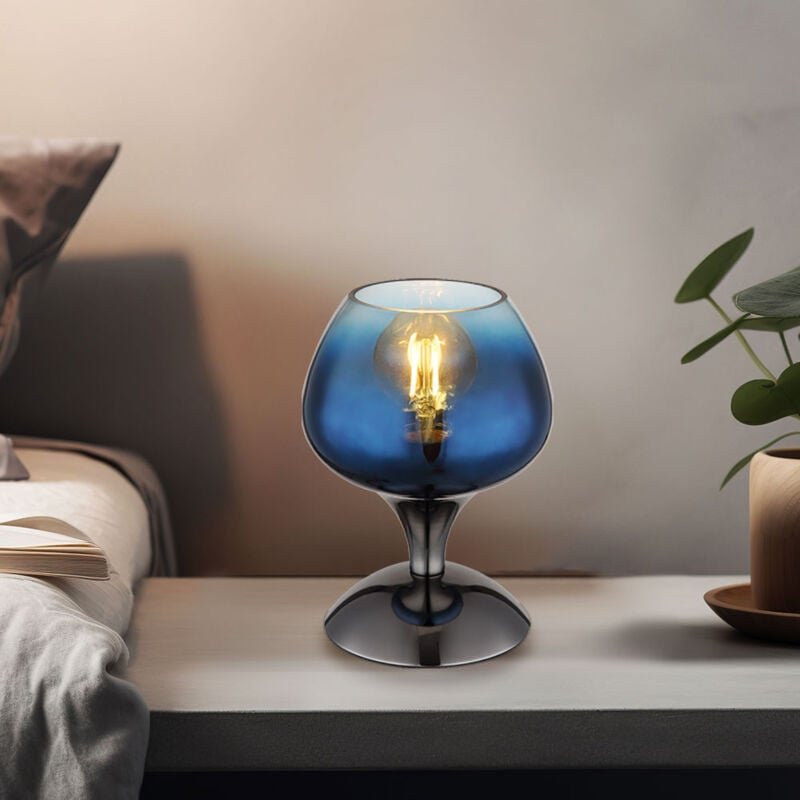 Tischleuchte Beistelllampe Schreibtischlampe Metall-Chrom Blau Glas Retrodesign