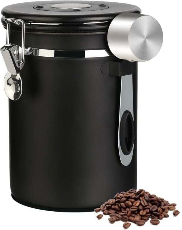 Luftdichte Edelstahl-Kaffeedose (1,8 l) mit Löffel, Datumsanzeige und CO2-Ablassventil für Bohnen, gemahlenen Kaffee, Te...
