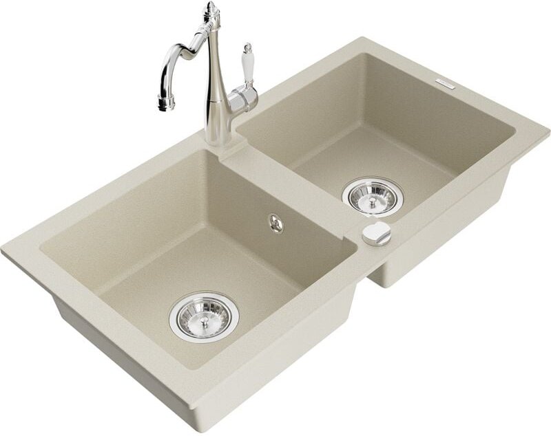 Mario 2-Becken-Granitspüle mit Mischbatterie Carla, Beige - 6504-69-670700-00 - Mexen