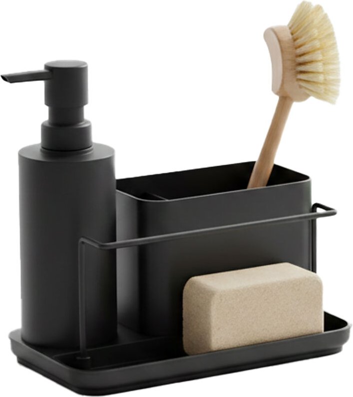 Relaxdays Spülbecken Organizer, mit Seifenspender & Schwammhalter, HBT: 19 x 21 x 12 cm, Spülset Küche, Eisen, schwarz