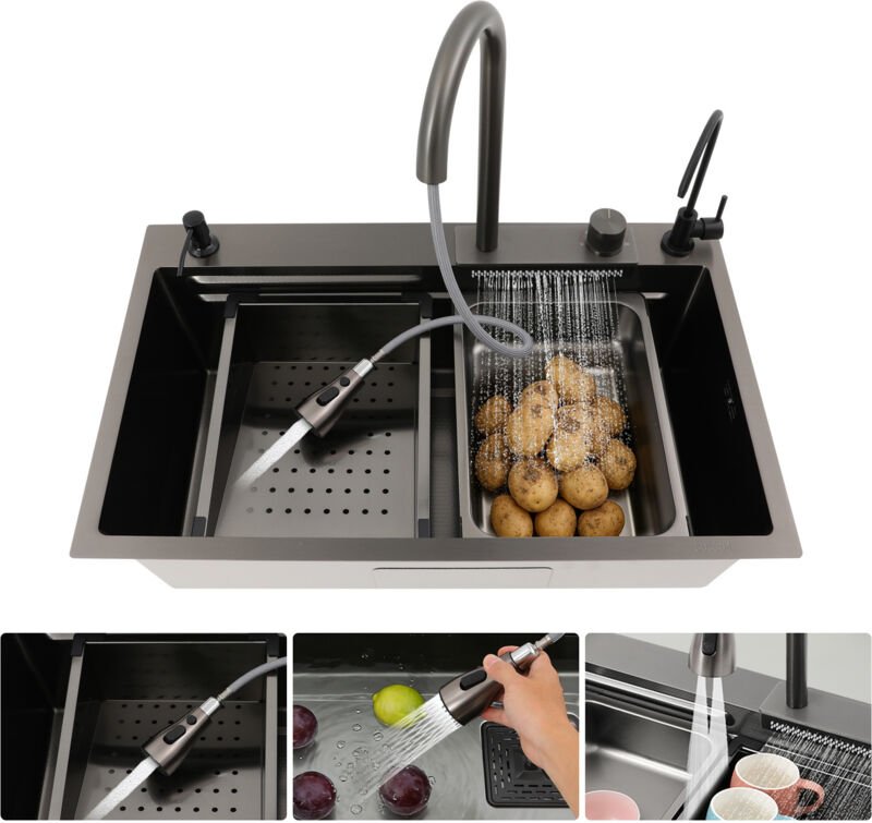 Küchenspülbecken-Set, Küchenspülbecken mit Wasserfall, modernes Küchenspülbecken aus Edelstahl 304 mit ausziehbarer Arma...