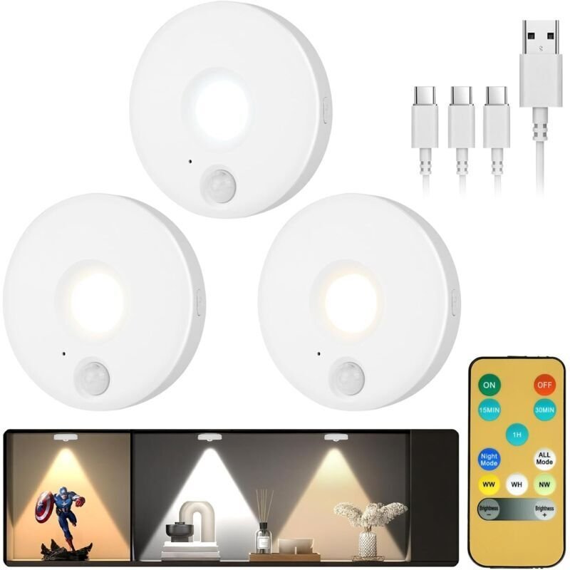 Nachtlichter mit Bewegungsmelder, 3er-Set wiederaufladbare LED-Nachtlichter mit 3 Beleuchtungsmodi, Innenbeleuchtung mit...