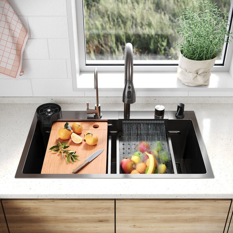 Küchenspüle Edelstahl Einbauspüle 75x45cm Einzelbecken Multifunktions mit 360°Ausziehbarer Wasserhahn Seifenspender und ...