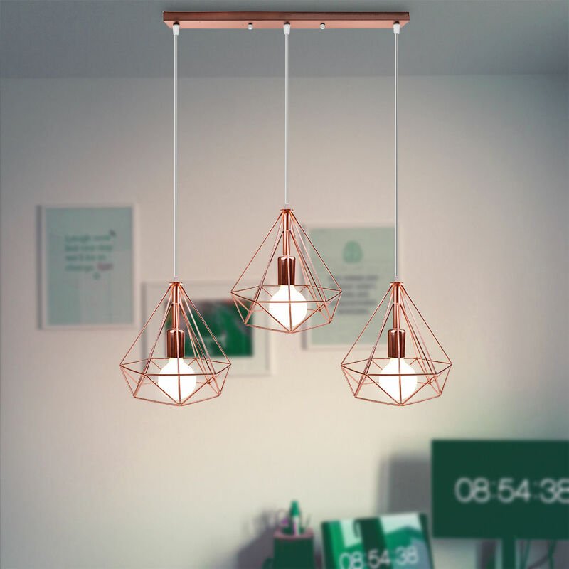 Pendelleuchte 3 Flammig, Ø25cm Diamant Kronleuchter im Industrielle Stil, Hängelampe mit Metall Käfig für Wohnzimmer Sch...