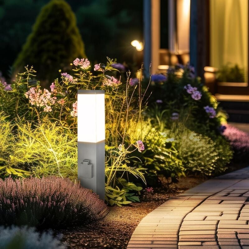 Pollerleuchte 45cm mit 2x Steckdosen E27 Fassung IP44 - Farbe: Edelstahl - Leuchtmittel: Ohne