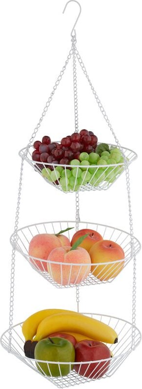Obstkorb hängend, h x d: 73 x 28 cm, 3 Etagen, Stahl, runder Hängekorb für Obst & Gemüse, Obstschale, weiß - Relaxdays