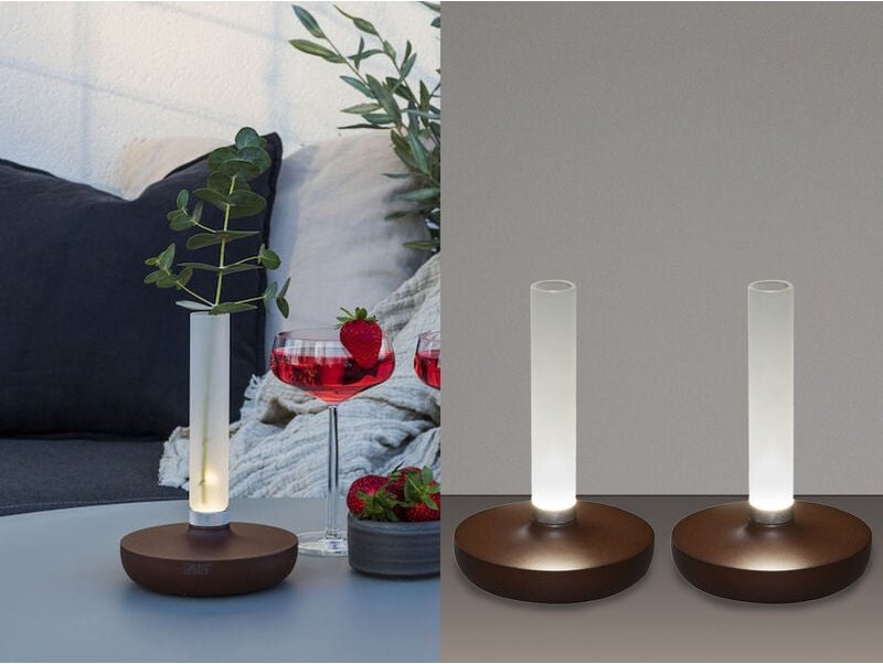 2er Set Außentischleuchte und Blumenvase mit Akkubetrieb, Rost Höhe 20cm