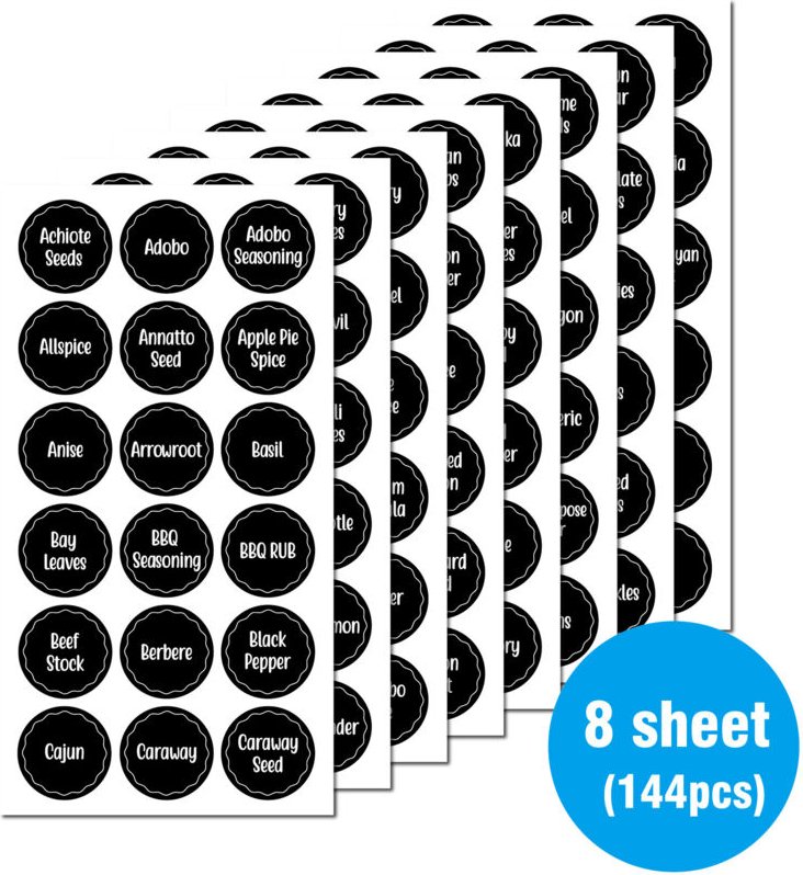 Ahlsen - 144 Stück Gewürzetiketten, wiederverwendbare runde Gewürzglasaufkleber für Küchengewürzgläser, Marmeladengläser