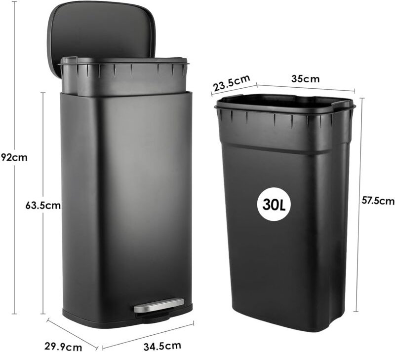 Liferun - 30L Treteimer Mülleimer Küchenabfalleimer Papierkorb Edelstahl Abfalleimer mit Deckel(Schwarz)