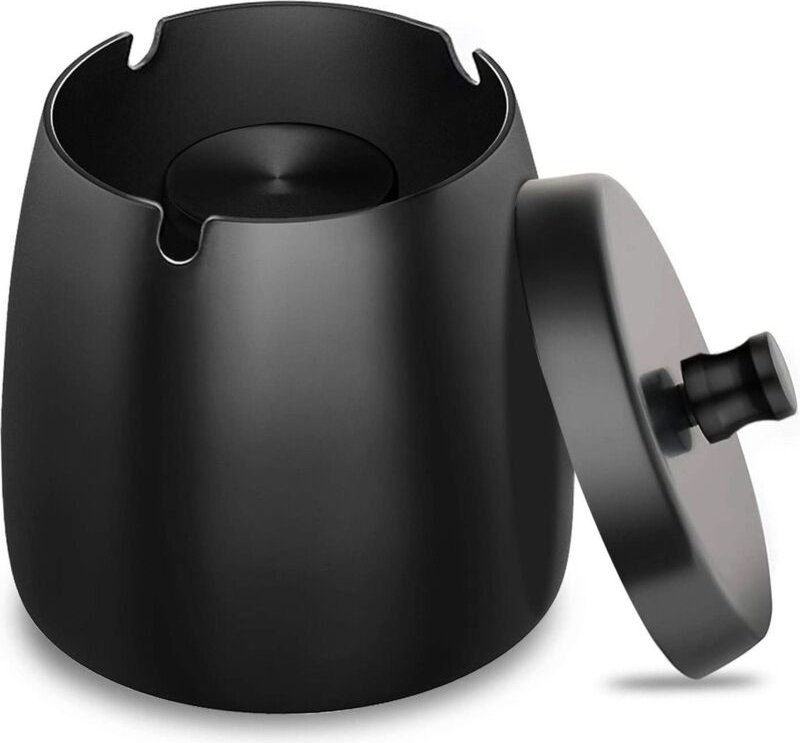 Edelstahl-Aschenbecher mit Deckel – schwerer, wind- und rutschfester Aschenbecher für innen & außen, Schwarz
