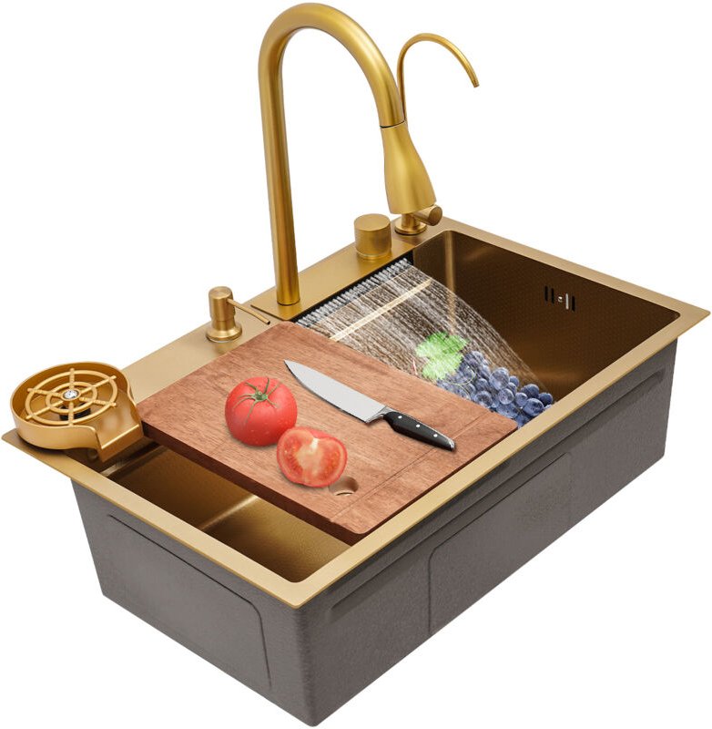 201 Stainless Steel Golden Kitchen Sink With Pull-out Faucet 26.7718.118.66in