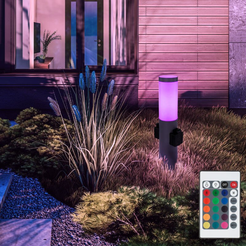 Thumbnail - Led Sockelleuchte Außen Edelstahl mit 2 Steckdosen Wegeleuchte anthrazit Außenstehlampe dimmbar mit Fernbedienung, rgb F...