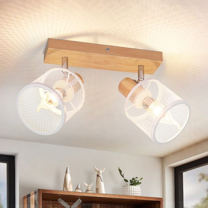 GBLY Deckenstrahler weiß Deckenlampe Holz - Deckenleuchte E14 Deckenleuchte Schwenkbar 350° 2 Flammig Max.25w Wohnzimmer...