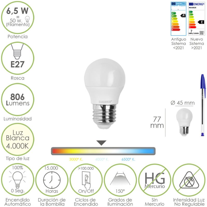 Maurer - Bombilla Led Esfera Rosca E27. 6.5 Watt. Equivale a 50 Watt. 806 Lumenes. Luz Neutra 4000º k.