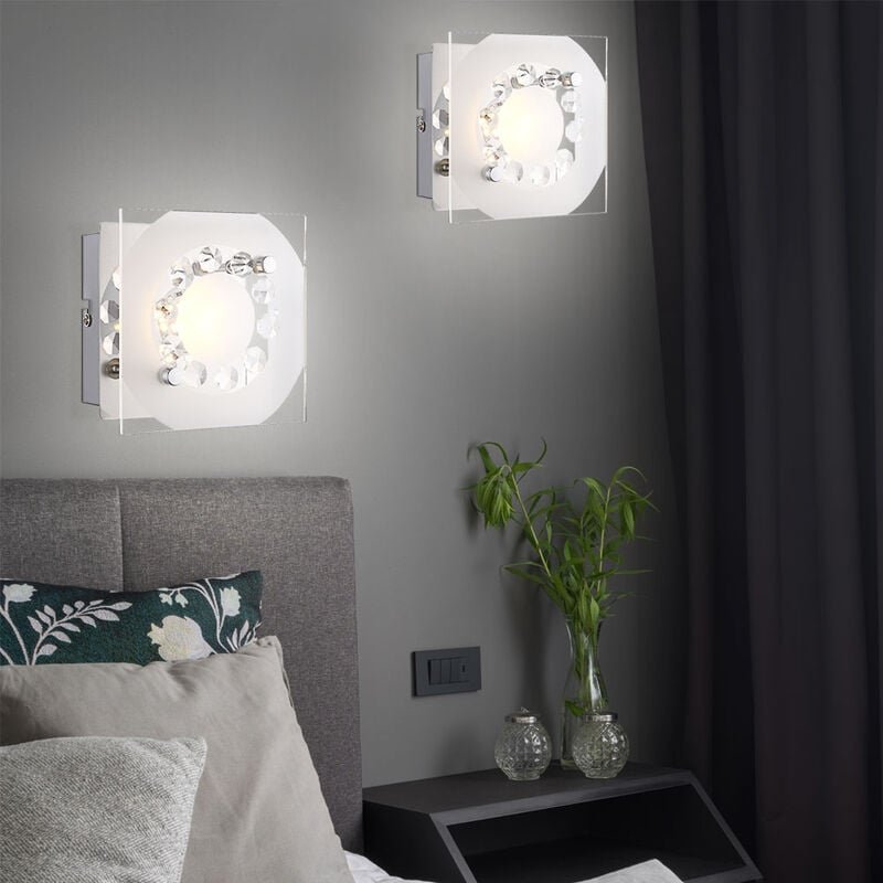 Thumbnail - Wandleuchte Wandlampe Schlafzimmerleuchte Wohnzimmer K5 Kristalle, Glas Chrom, 1x led 4W, HxLxB 9,5x12x12 cm, 2er Set