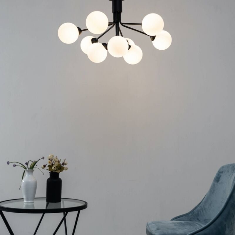 Kosilum - Eleganter schwarzer Kronleuchter mit 9 weißen Gläsern - Audrey