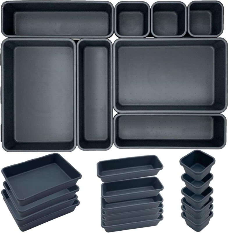 Set mit 24 extra tiefen Schubladeneinsätzen aus Kunststoff, universelle Form, hält Schubladen in Büro und Zuhause ordent...