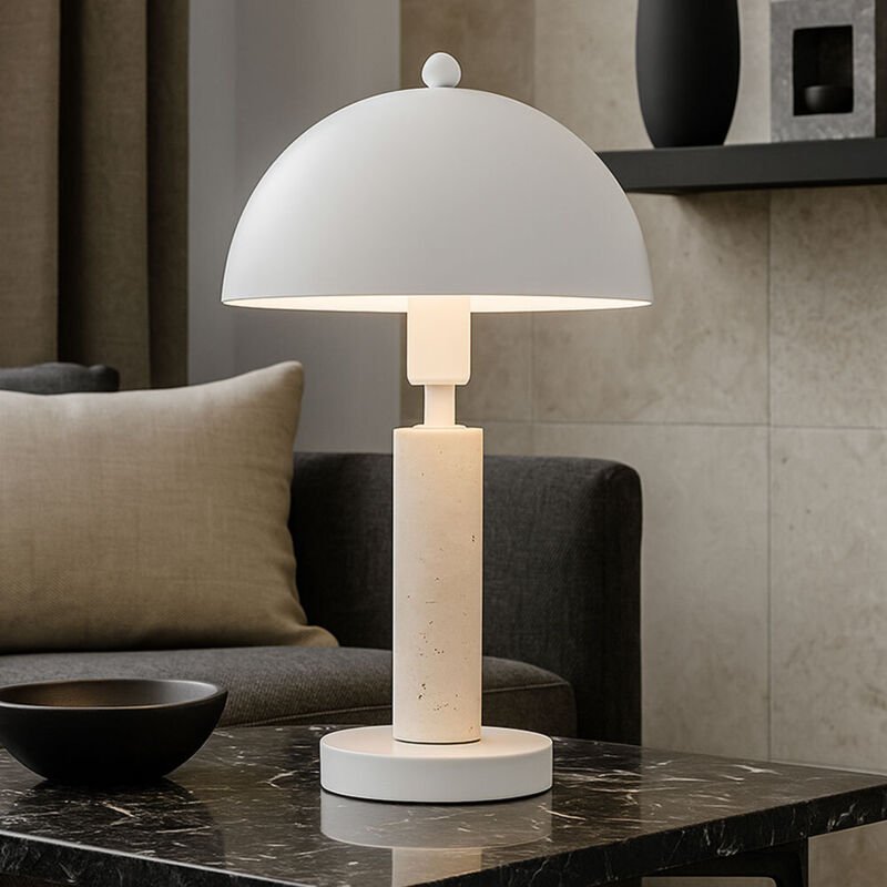 Tischleuchte Beistellleuchte Textil weiß Tischlampe Wohnzimmerlampe Travertine Stein, Metall, 1x E14 Fassung, DxH 20x34 ...