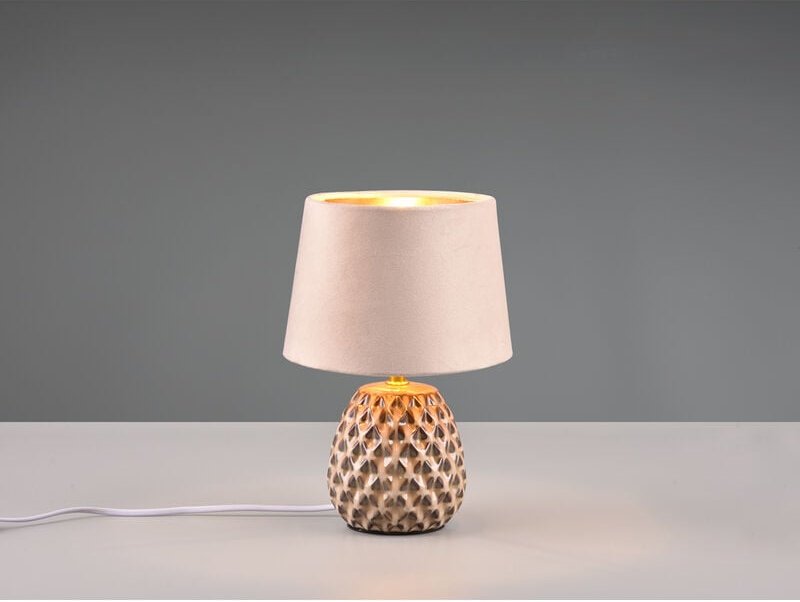 Led Retro Tischleuchte mit Samtschirm in Beige/Gold, Höhe 27cm