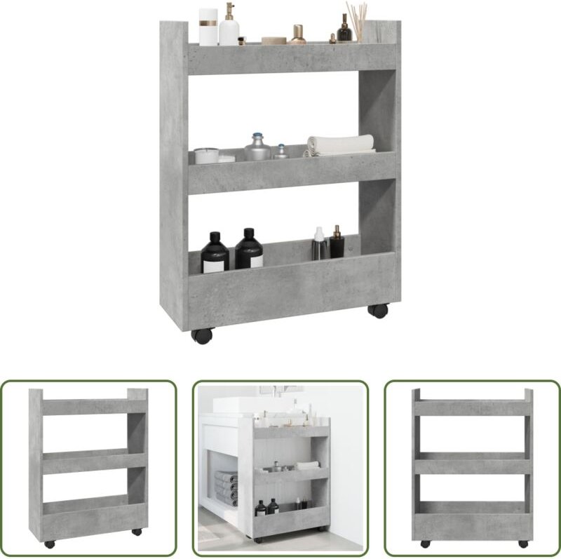 vidaXL Küchenwagen - Aufbewahrungswagen Schmal 3 Etagen Betongrau Holzwerkstoff