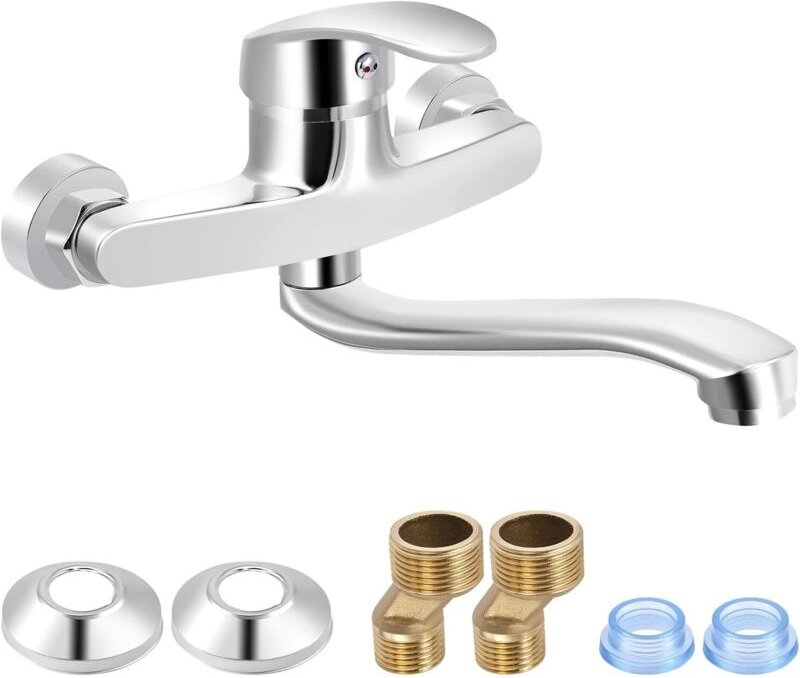 Wandmontierte Küchenarmatur, 360° schwenkbare Edelstahlarmatur mit 25 cm Ausladung, Einhebel-Warm- und Kaltwassermischer...